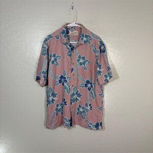 Kahala Shirt Mens Medium Pink Blue Floral Hawaiian Aloha Camp Button Front